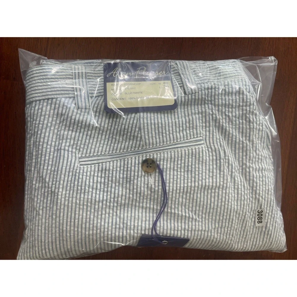 NWT Alan Flusser Pants Men's 40x30 Blue Striped Cotton Seersucker Beach